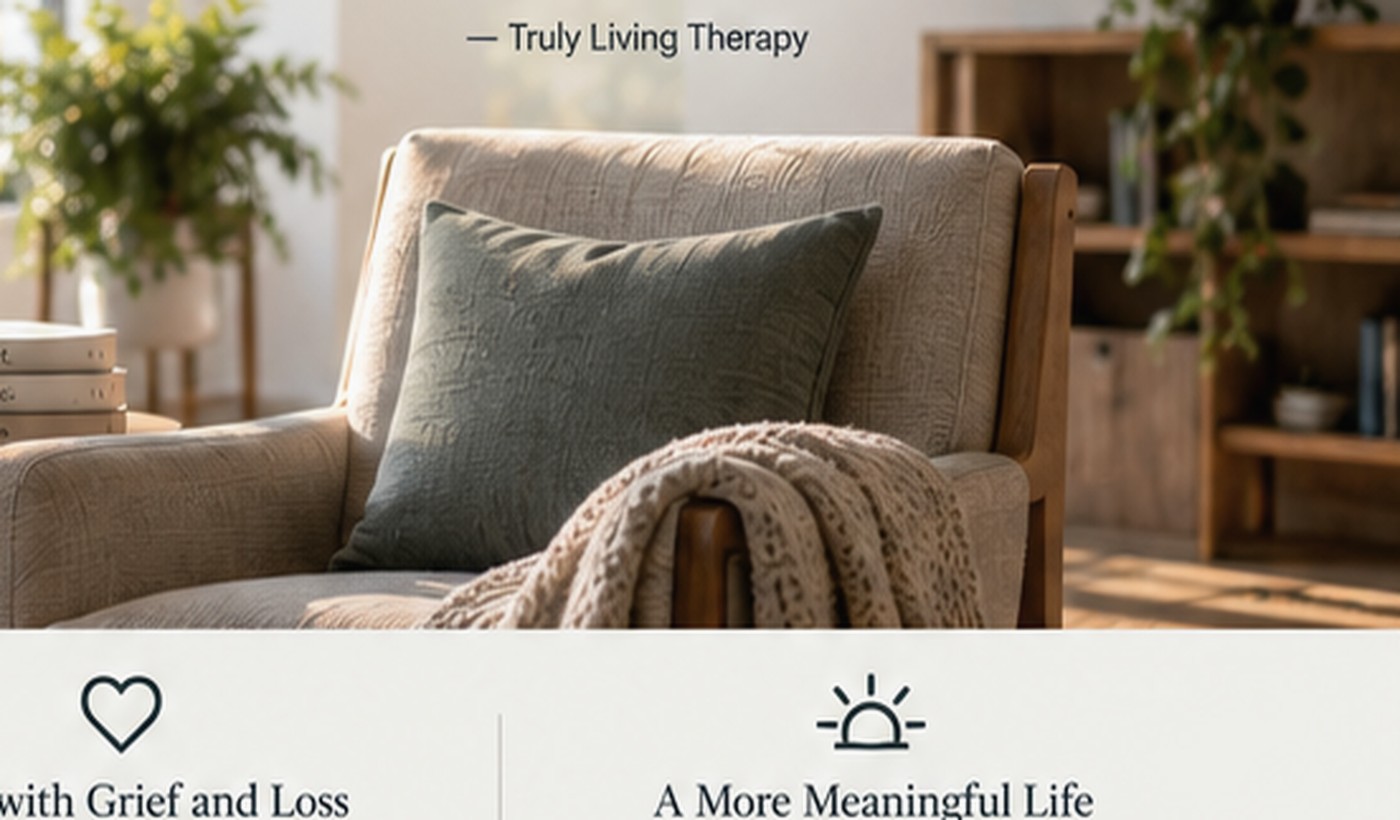 A calm therapy room with a comfortable chair, warm natural light, and greenery